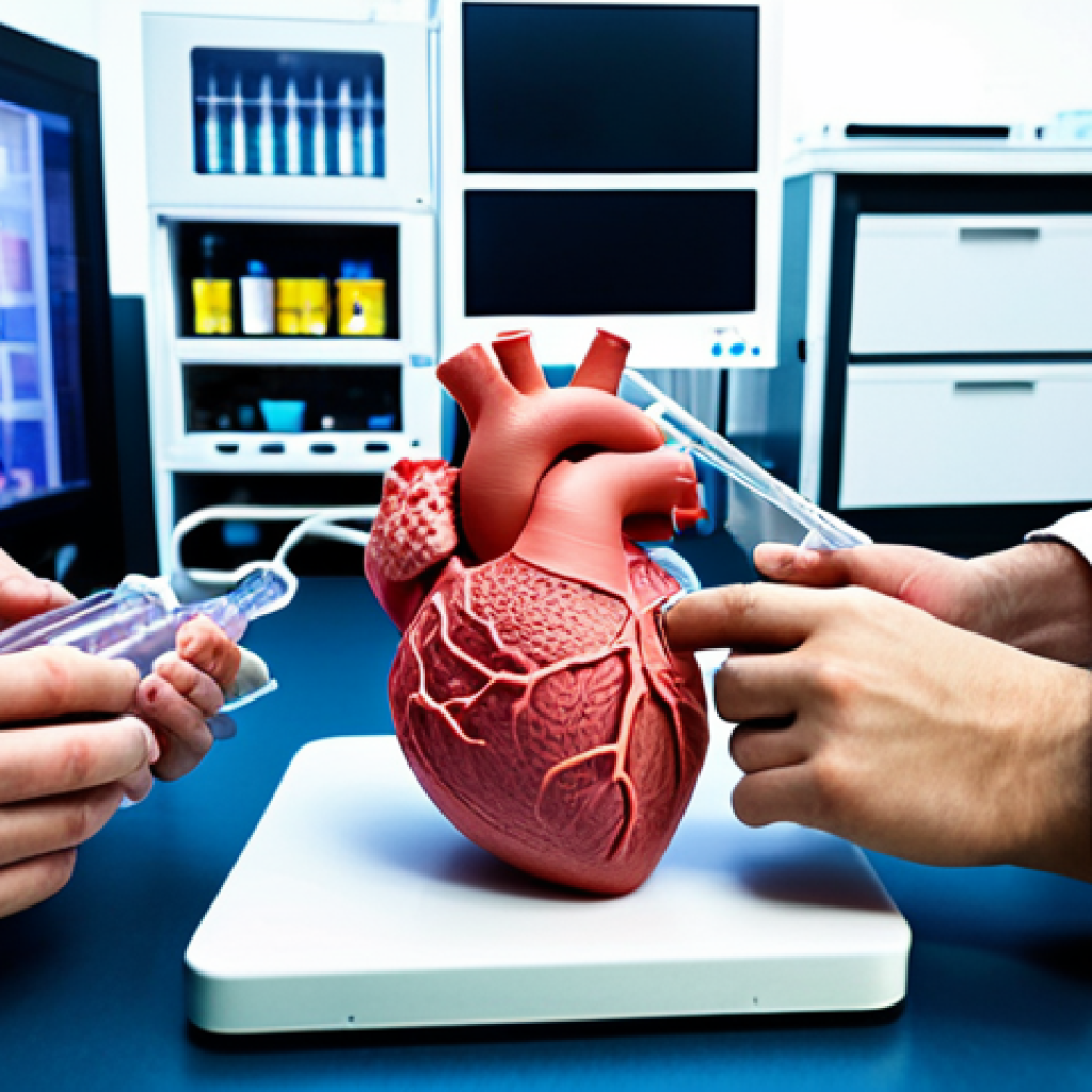 **

A diverse group of international scientists collaborates in a state-of-the-art laboratory, working on bioprinting a miniature human heart. The lab is filled with advanced equipment, including 3D printers and microscopes. Focus on the collaborative spirit and the advanced technology involved.

**
