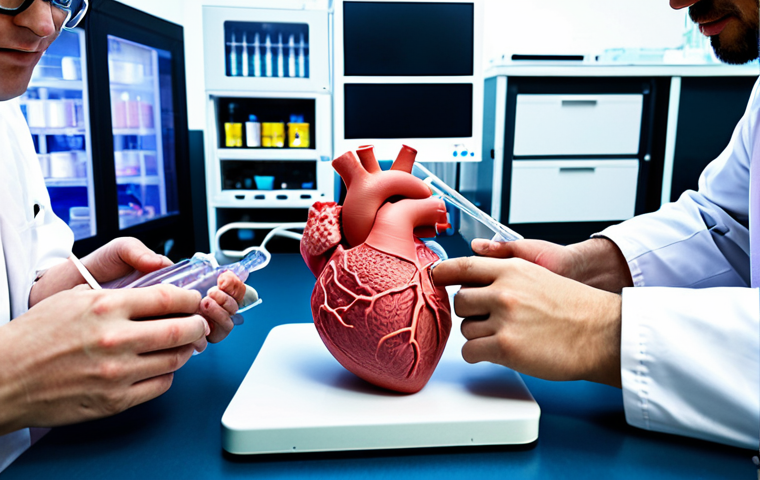 **
A diverse group of international scientists collaborates in a state-of-the-art laboratory, working on bioprinting a miniature human heart. The lab is filled with advanced equipment, including 3D printers and microscopes. Focus on the collaborative spirit and the advanced technology involved.
**
