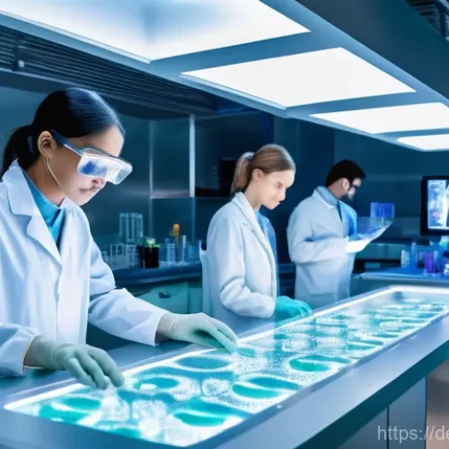 Home 23 인공장기 프로젝트의 투자 유치 전략 - A brightly lit, futuristic medical laboratory where a diverse team of scientists, wearing clean lab ...