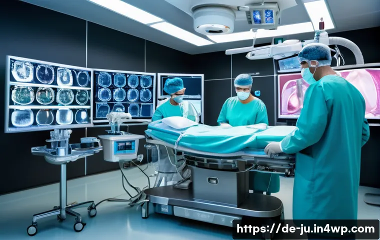 인공장기와 의료 보험 정책의 변화 - A futuristic hospital operating room in Germany with a team of diverse medical professionals perform...