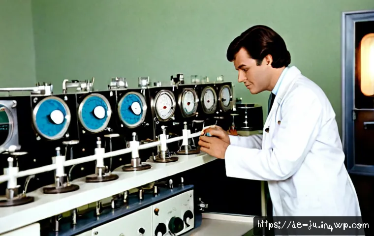 Home 17 인공장기 연구의 과거와 현재 - Photorealistic 1960s German medical research laboratory, a focused scientist in a white coat examini...